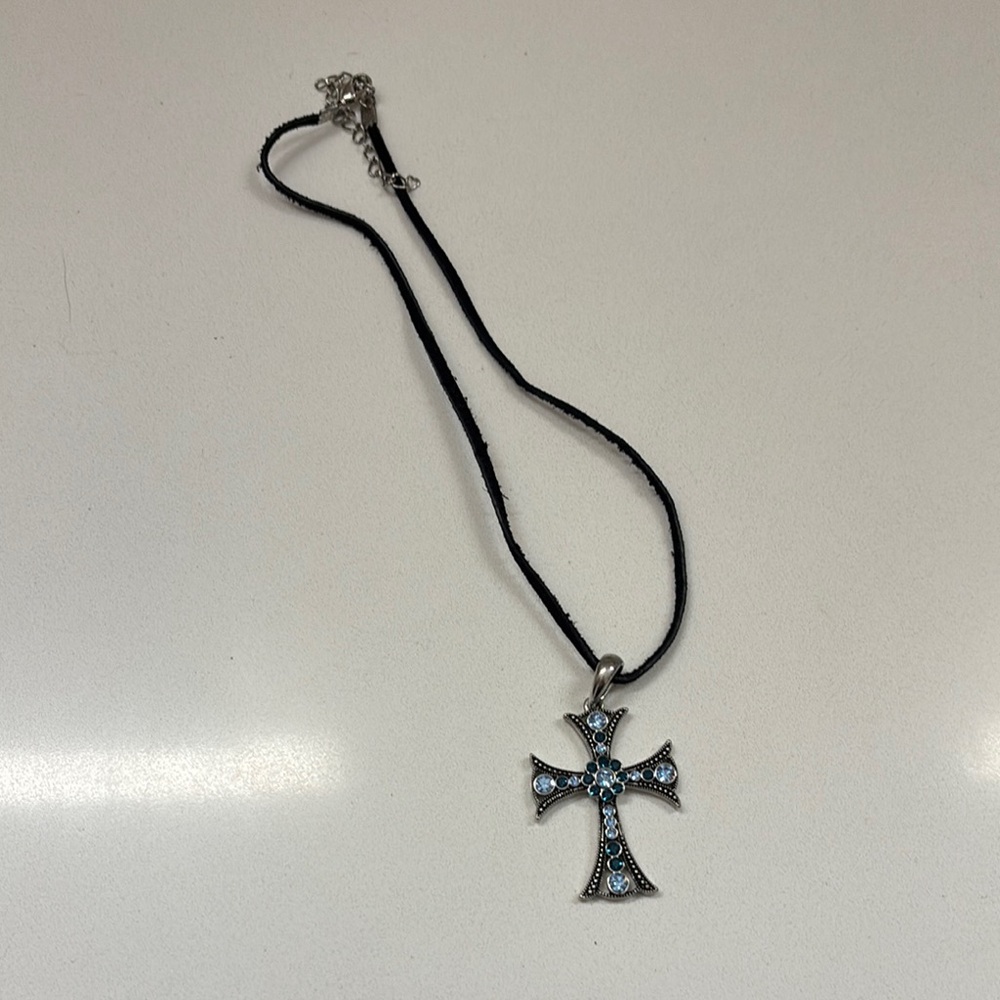 Elegant Silver Cross with blue stone Pendant Necklace